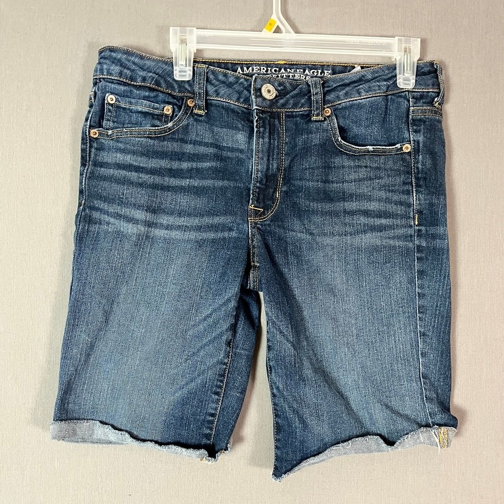 American Eagle Skinny Bermuda Shorts 12 Stretch Denim Dark Blue Raw Hem GOOD